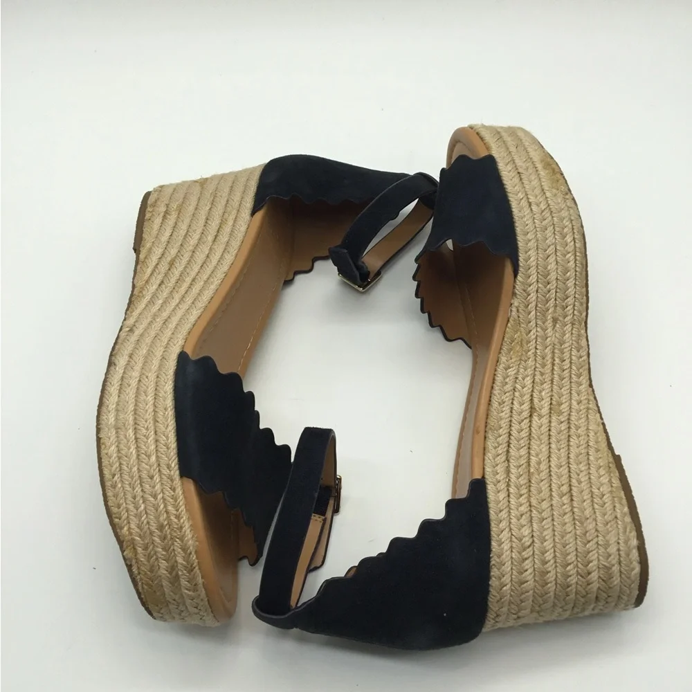 J. Crew Navy Suede Scalloped Platform Sandals - Picture 2 of 7
